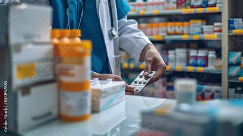 A pharmacist filling prescriptions behind the counter at a pharmacy, demonstrating the role of pharmacists in providing medication and healthcare advice to customers.