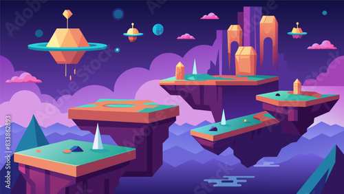 A mystical land with floating platforms and moving obstacles for a fastpaced virtual power walk.. Vector illustration