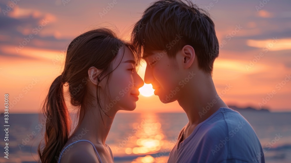 A couple sharing a tender moment at sunset on a beach their faces illuminated by the warm glow of the setting sun. A couple sharing a tender moment at sunset on a beach their faces illuminated by the warm glow of the setting sun.