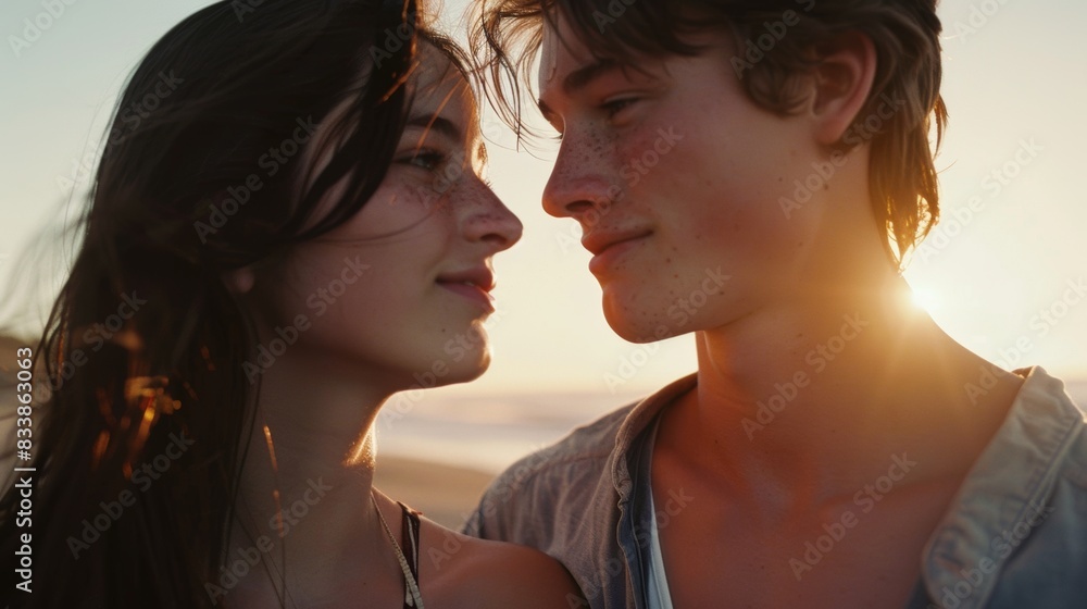 A young couple sharing a tender moment with the sun setting behind them casting a warm glow on their faces.