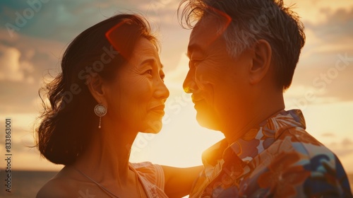 A man and woman both smiling looking at each other with affection set against a warm sunset.