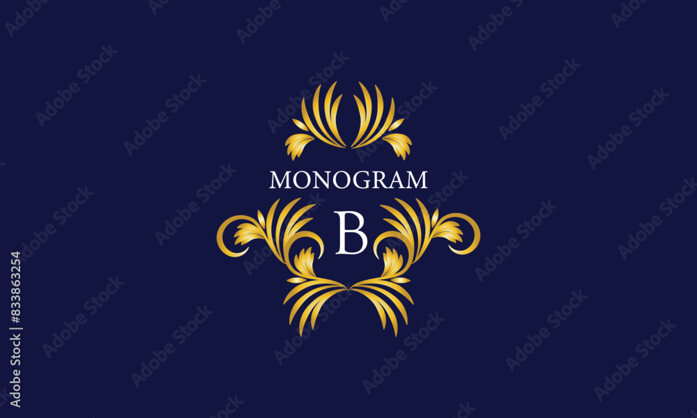 Obraz premium Luxury emblem monogram logo with initial letter B. Ornate gold frame illustration. Invitation, wedding, label, restaurant, heraldry