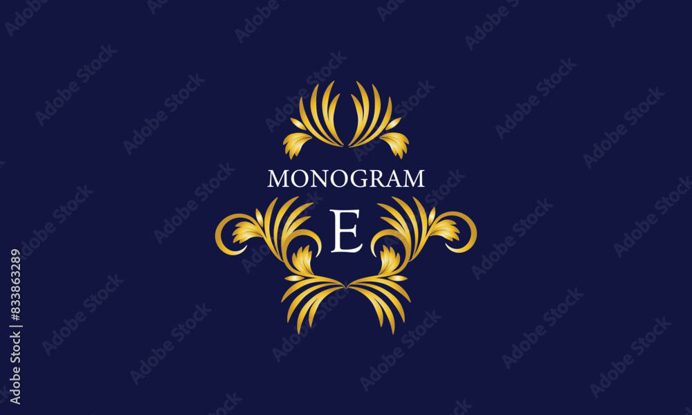 Obraz premium Luxury emblem monogram logo with initial letter Е. Ornate gold frame illustration. Invitation, wedding, label, restaurant, heraldry