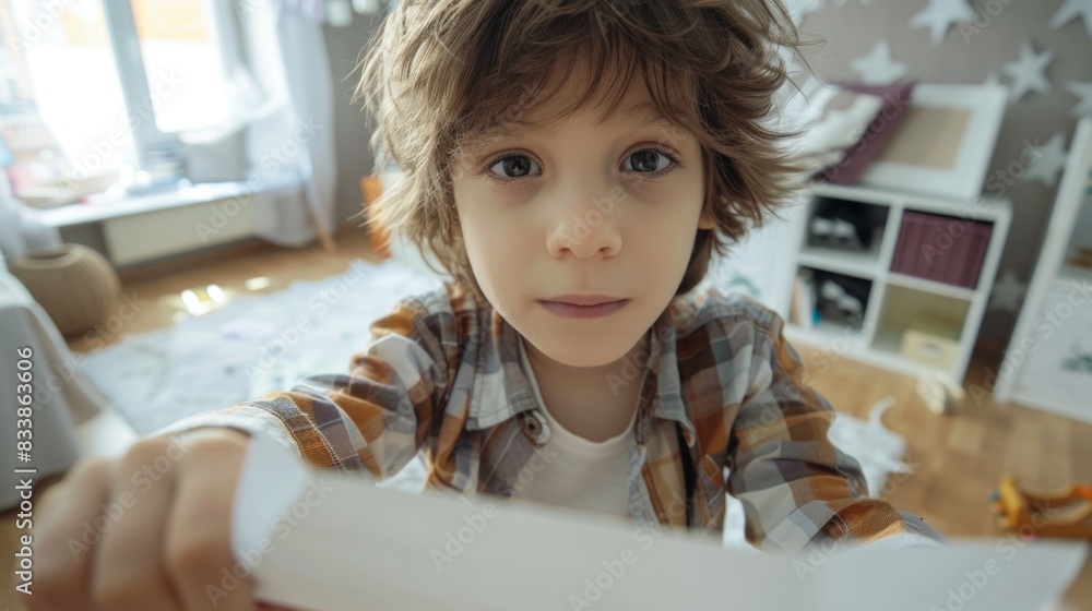A young boy with curly hair wearing a plaid shirt holding a piece of paper in a room with a starry wall and a toy shelf. A young boy with curly hair wearing a plaid shirt holding a piece of paper in a room with a starry wall and a toy shelf.