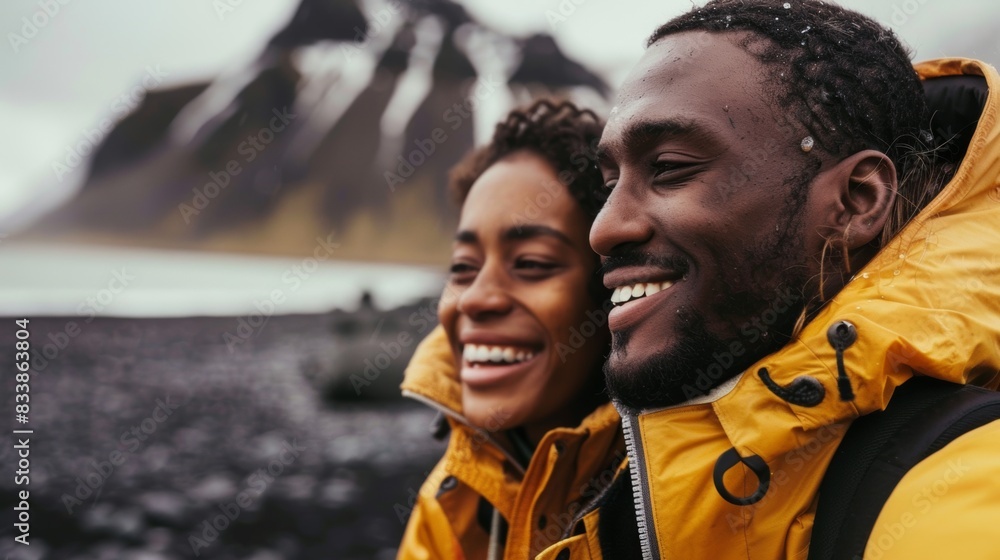Two people smiling and happy standing together in front of a scenic mountain landscape wearing yellow jackets embracing each other enjoying a moment of joy and adventure. Two people smiling and happy standing together in front of a scenic mountain landscape wearing yellow jackets embracing each other enjoying a moment of joy and adventure.
