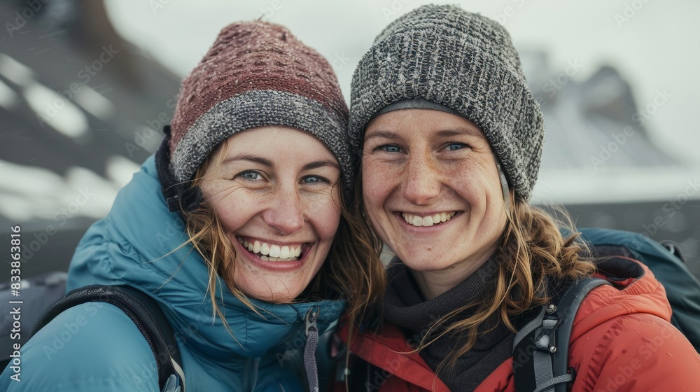 Two women smiling wearing winter hats and jackets standing in front of a snowy mountain enjoying a hike or outdoor adventure. Two women smiling wearing winter hats and jackets standing in front of a snowy mountain enjoying a hike or outdoor adventure.