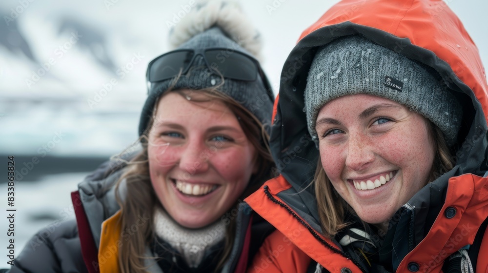 Two smiling women in winter gear with snow-capped mountains in the background enjoying a moment together in a cold outdoor setting. Two smiling women in winter gear with snow-capped mountains in the background enjoying a moment together in a cold outdoor setting.