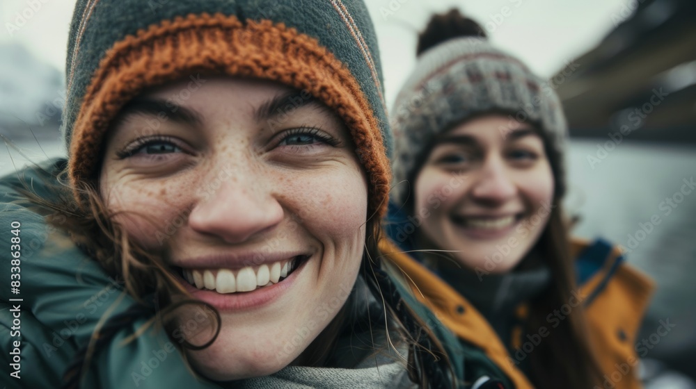 Two smiling women in winter gear posing together on a boat with a backdrop of a rocky coast and a cloudy sky. Two smiling women in winter gear posing together on a boat with a backdrop of a rocky coast and a cloudy sky.