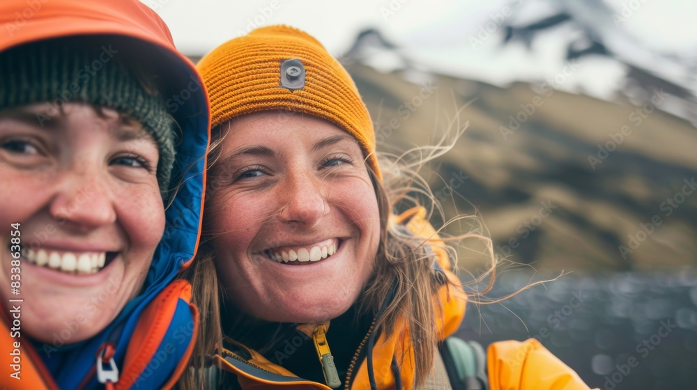 Two women smiling at the camera wearing winter gear and beanies with a snowy mountainous landscape in the background. Two women smiling at the camera wearing winter gear and beanies with a snowy mountainous landscape in the background.