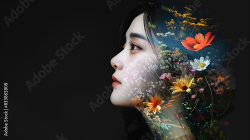 Ethereal Montage of a Young Asian Korean Girl amidst Scenic Nature and Vibrant Florals