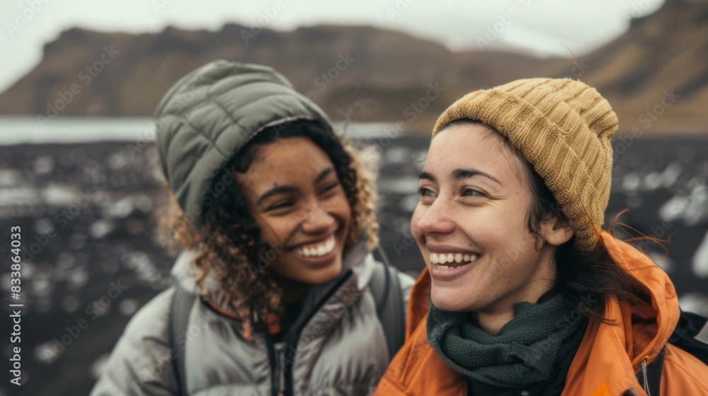 Two women smiling enjoying a moment together on a rocky shore with a backdrop of mountains and a body of water. Two women smiling enjoying a moment together on a rocky shore with a backdrop of mountains and a body of water.