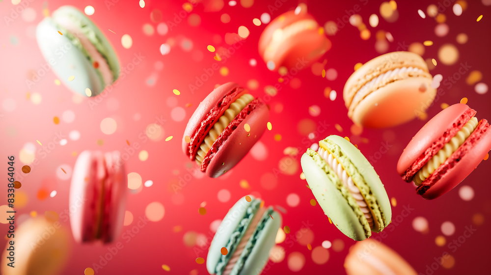 Close up colorful macarons flying on red background, Colorful pastries in the air with confetti. Delightful and colorful french cookies Close up colorful macarons flying on red background, Colorful pastries in the air with confetti. Delightful and colorful french cookies