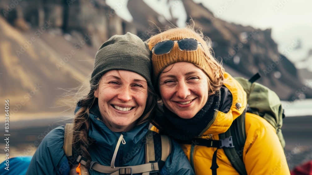 Two women smiling wearing winter clothing and hats with backpacks standing on a rocky cliff enjoying the outdoors. Two women smiling wearing winter clothing and hats with backpacks standing on a rocky cliff enjoying the outdoors.