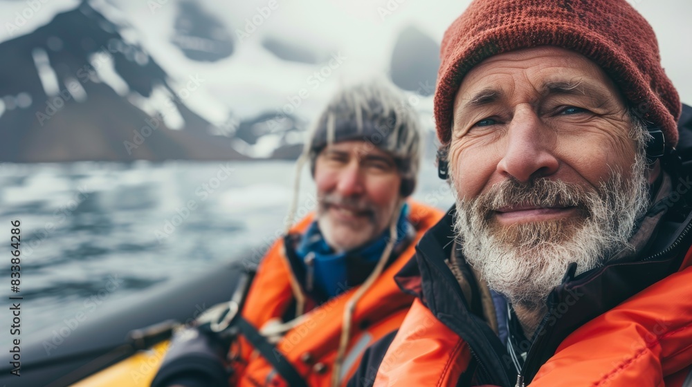 Two bearded men in orange I-fe jackets smiling and posing for a photo in a boat with snow-capped mountains in the background and a cloudy sky.
