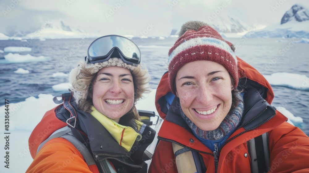 Two women in winter gear smiling and taking a selfie with a scenic icy landscape and mountains in the background. Two women in winter gear smiling and taking a selfie with a scenic icy landscape and mountains in the background.