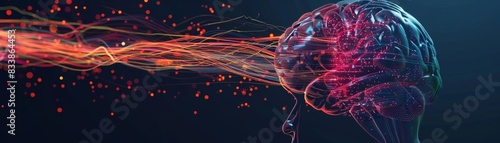 Abstract brain illustration with glowing light streaks