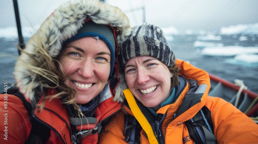 Two women smiling wearing winter gear with fur-lined hoods on a boat surrounded by icebergs in a cold icy environment. Two women smiling wearing winter gear with fur-lined hoods on a boat surrounded by icebergs in a cold icy environment.