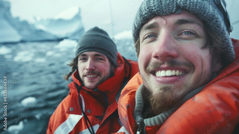 Two men in orange jackets and hats smiling at the camera standing in front of a frozen landscape with icebergs. Two men in orange jackets and hats smiling at the camera standing in front of a frozen landscape with icebergs.