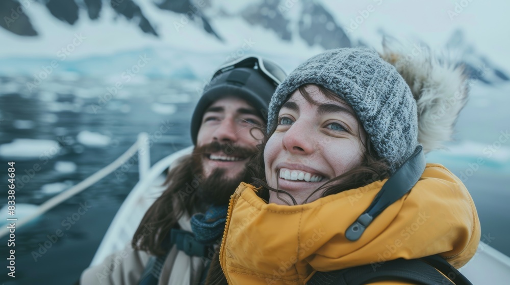 Two people smiling at the camera wearing winter gear standing on a boat surrounded by icy waters with snow-covered mountains in the background. Two people smiling at the camera wearing winter gear standing on a boat surrounded by icy waters with snow-covered mountains in the background.