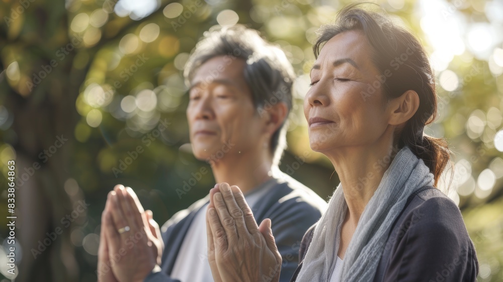 Two individuals in a serene setting hands clasped in prayer eyes closed immersed in a moment of tranquility and reflection. Two individuals in a serene setting hands clasped in prayer eyes closed immersed in a moment of tranquility and reflection.
