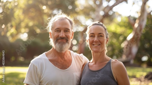 A man and woman posing for a photo in a park with trees and sunlight.