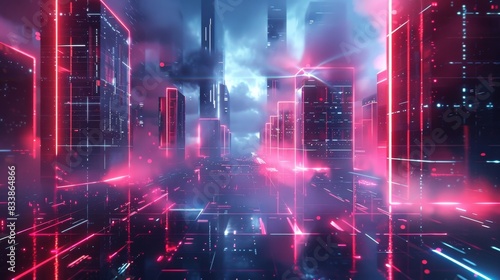 Surreal City Grid, A city grid with geometric patterns and neon lights