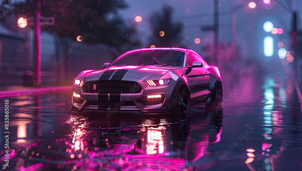 Sports car in night after heavy rainfall. Created with Ai