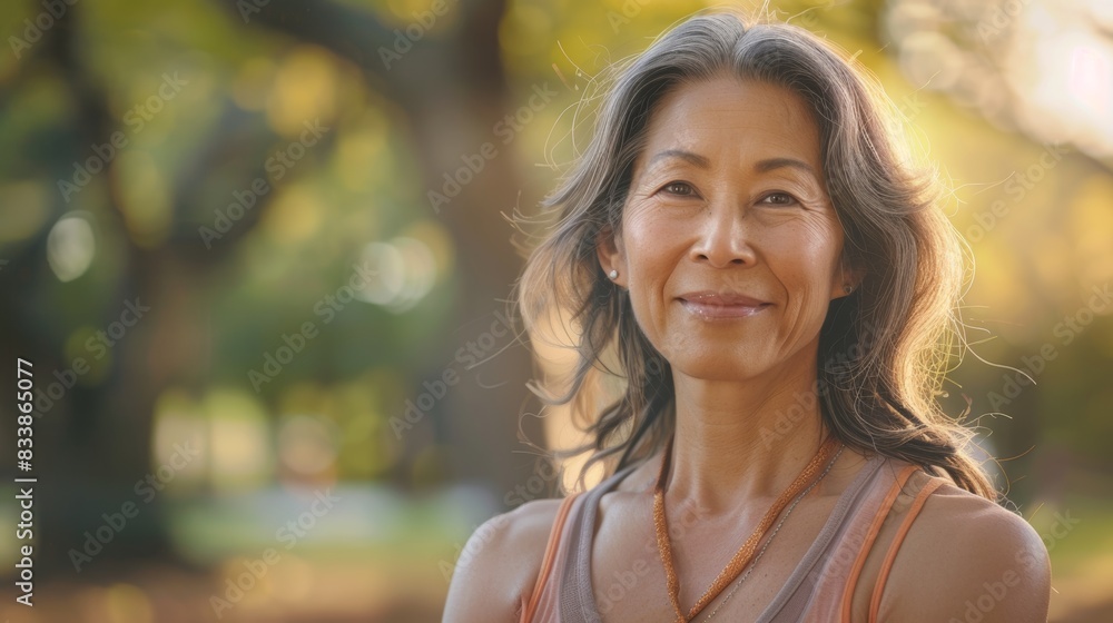 A serene woman with long hair wearing a necklace standing in a park with a warm golden light. A serene woman with long hair wearing a necklace standing in a park with a warm golden light.