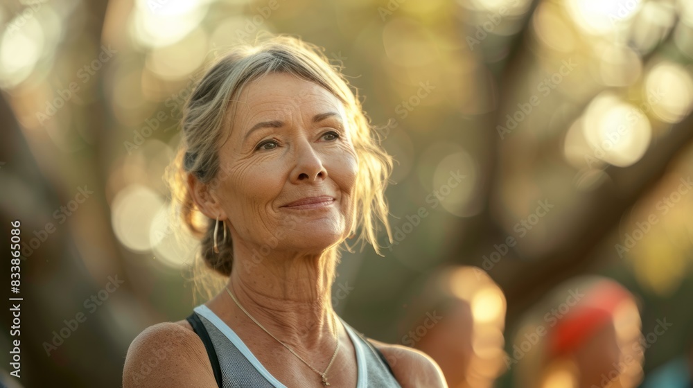 A woman with a radiant smile standing in a park with a blurred background of trees and sunlight exuding a sense of joy and contentment. A woman with a radiant smile standing in a park with a blurred background of trees and sunlight exuding a sense of joy and contentment.