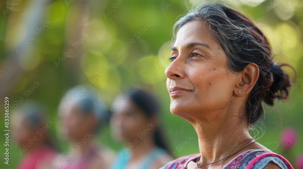 A woman with a serene expression looking up towards the sky surrounded by a blurred natural setting. A woman with a serene expression looking up towards the sky surrounded by a blurred natural setting.