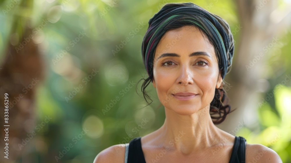 A woman with a warm smile wearing a colorful headscarf standing amidst a blurred green natural backdrop. A woman with a warm smile wearing a colorful headscarf standing amidst a blurred green natural backdrop.