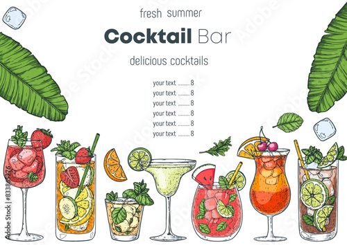 Alcoholic cocktails frame. Hand drawn vector illustration. Tropical Cocktails sketch set. Engraved style.