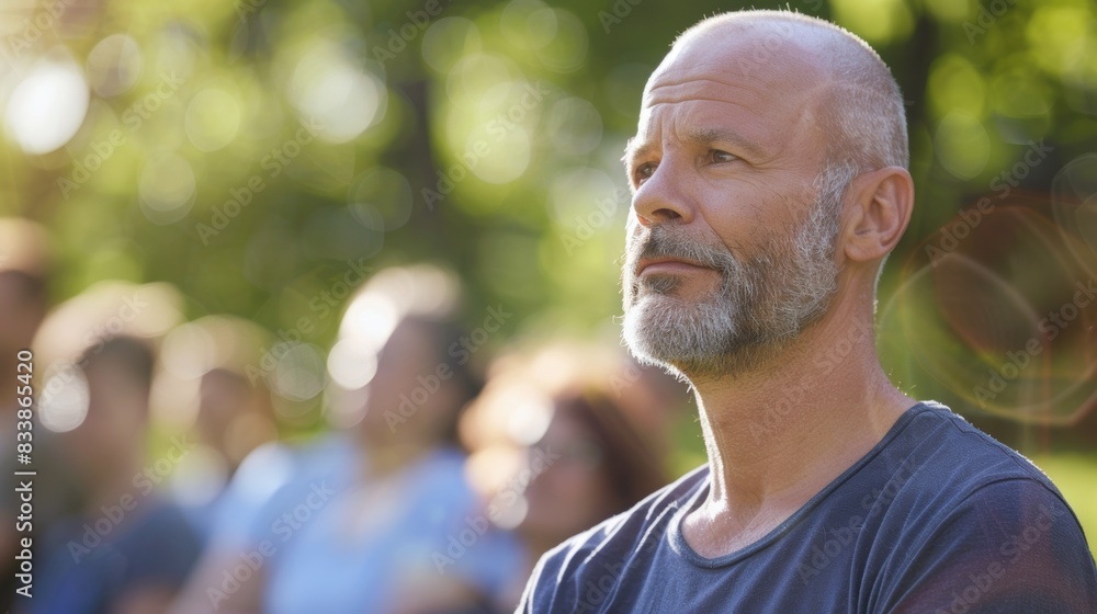 A man with a beard and bald head wearing a blue shirt standing in a crowd and looking to the side with a thoughtful expression. A man with a beard and bald head wearing a blue shirt standing in a crowd and looking to the side with a thoughtful expression.