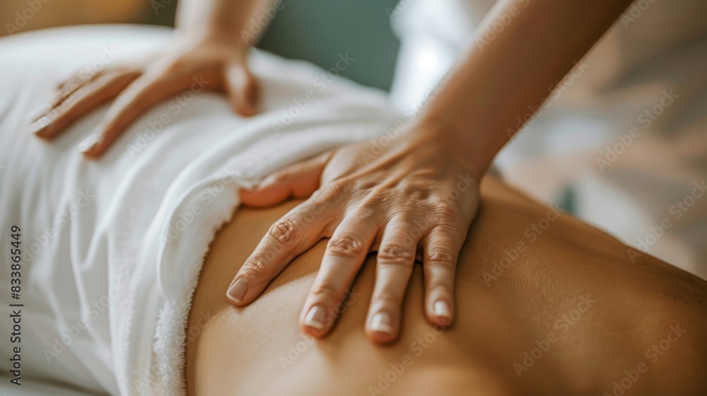 A pair of hands gently massaging a person's back providing relaxation and care. A pair of hands gently massaging a person's back providing relaxation and care.