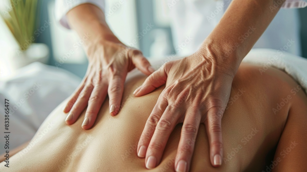 A skilled therapist's hands gently massaging a client's back providing relaxation and relief. A skilled therapist's hands gently massaging a client's back providing relaxation and relief.