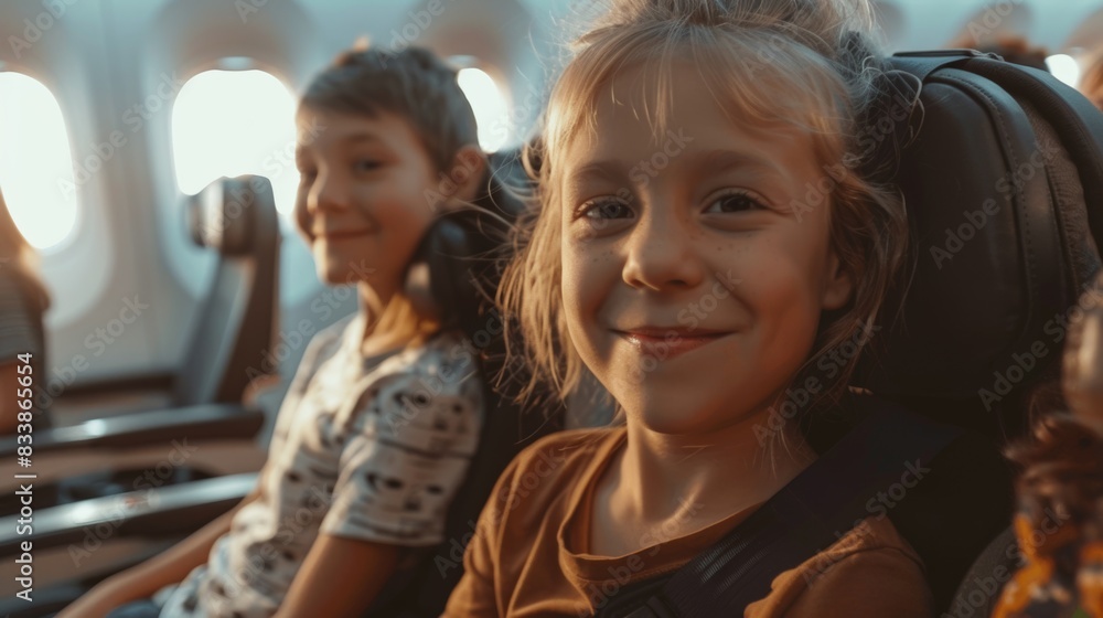 A young girl with blonde hair smiling at the camera seated in an airplane cabin with a boy and a woman wearing a brown top and a seatbelt. A young girl with blonde hair smiling at the camera seated in an airplane cabin with a boy and a woman wearing a brown top and a seatbelt.