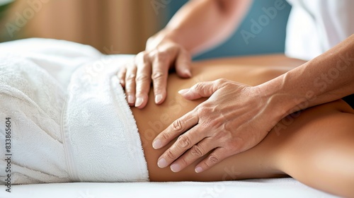 A massage therapist s hands gently massaging a client s back on a massage table.