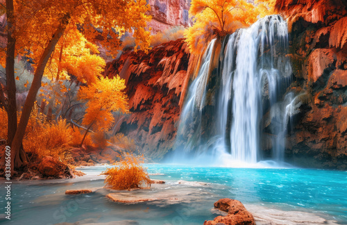 Beautiful waterfall and lake view with autumn trees. Created with Ai