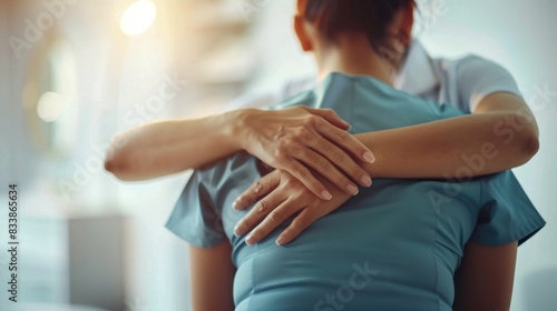 A compassionate caregiver in a medical setting offering a comforting embrace to a patient.