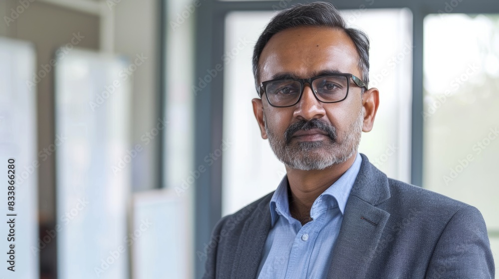 Fototapeta premium Man with glasses and beard wearing a blue shirt and gray blazer standing in an office with whiteboards and windows.