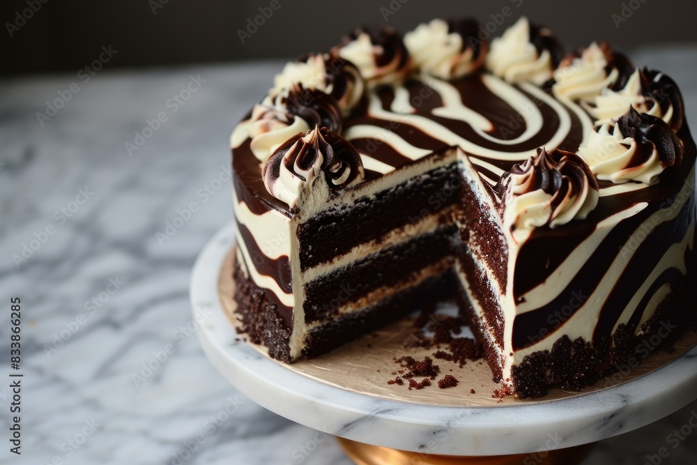 Exquisite chocolate cake with a slice cut, showcasing the delicious layers and creamy vanilla frosting Exquisite chocolate cake with a slice cut, showcasing the delicious layers and creamy vanilla frosting