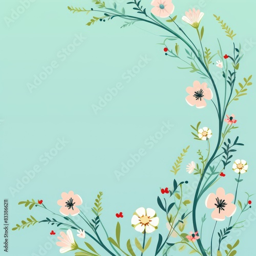 Cute cartoon flower border on a light background, vector, clean flower summer spring greetings card wedding birthday template mockup banner design digital