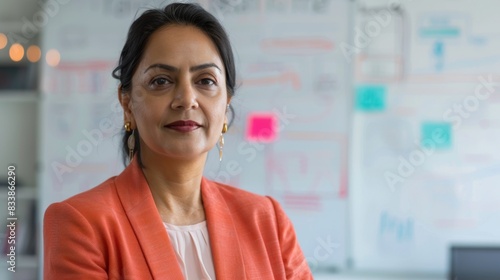 A poised woman in an orange blazer with gold earrings sitting in front of a whiteboard with colorful notes suggesting a professional or creative setting.