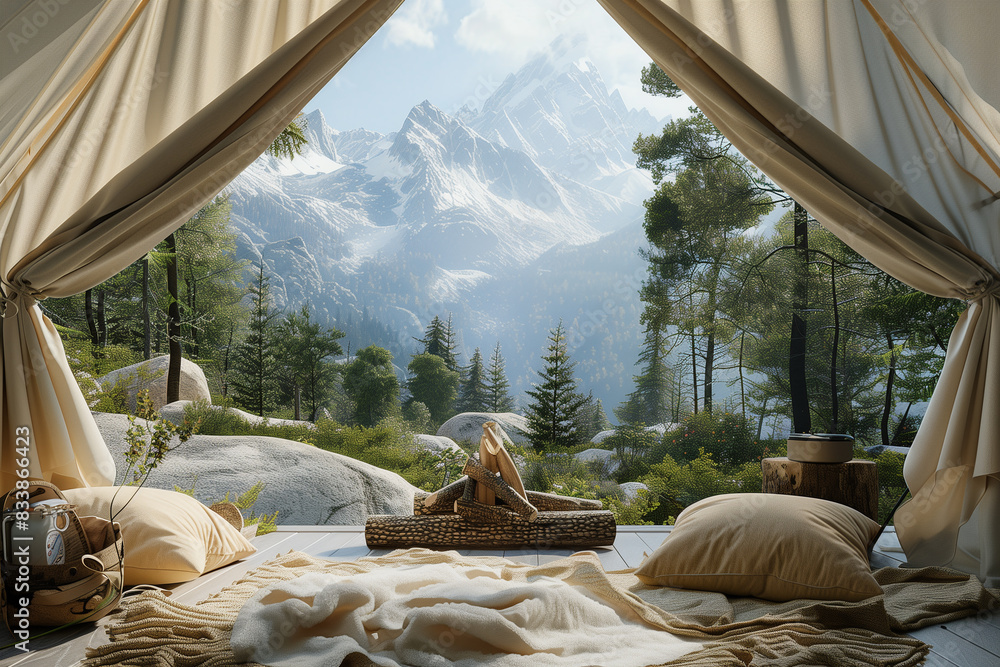 Yellow tent set up in a scenic mountain campsite, view from inside the tent, 3d render Yellow tent set up in a scenic mountain campsite, view from inside the tent, 3d render