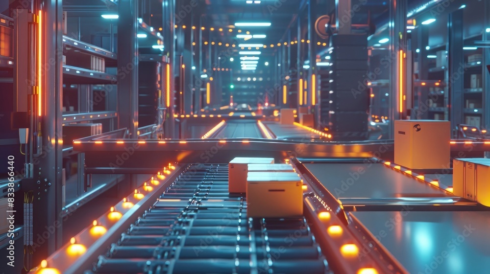 An image of a futuristic automated logistics center with illuminated conveyor belts moving parcels.