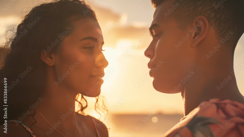 A couple sharing a tender moment with the sun setting behind them casting a warm glow on their faces. A couple sharing a tender moment with the sun setting behind them casting a warm glow on their faces.
