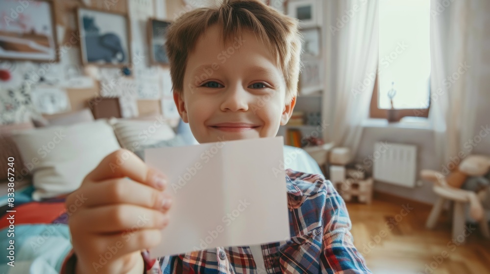 A young boy with a joyful smile holding a blank piece of paper standing in a brightly lit room with a window and a teddy bear in the background. A young boy with a joyful smile holding a blank piece of paper standing in a brightly lit room with a window and a teddy bear in the background.