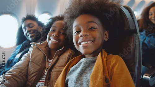 Young children smiling and sitting together in airplane seats looking at the camera with a blu rred airplane window in the background. photo