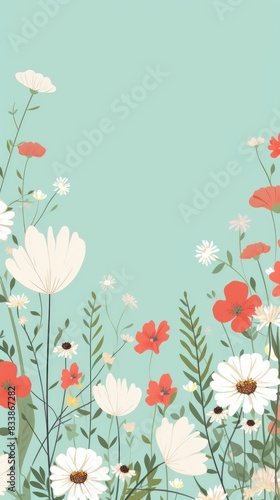 Cute cartoon flower border on a light  background  vector  clean flower summer spring greetings card wedding birthday template mockup banner design digital