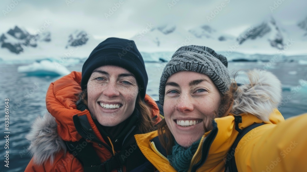 Two women smiling at the camera wearing winter clothing and hats standing on a boat surrounded by icebergs and snow-covered mountains in a cold icy environment.